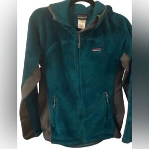 Patagonia Teal Plush Full-Zip Fleece with Light Gray Accents and hood - M